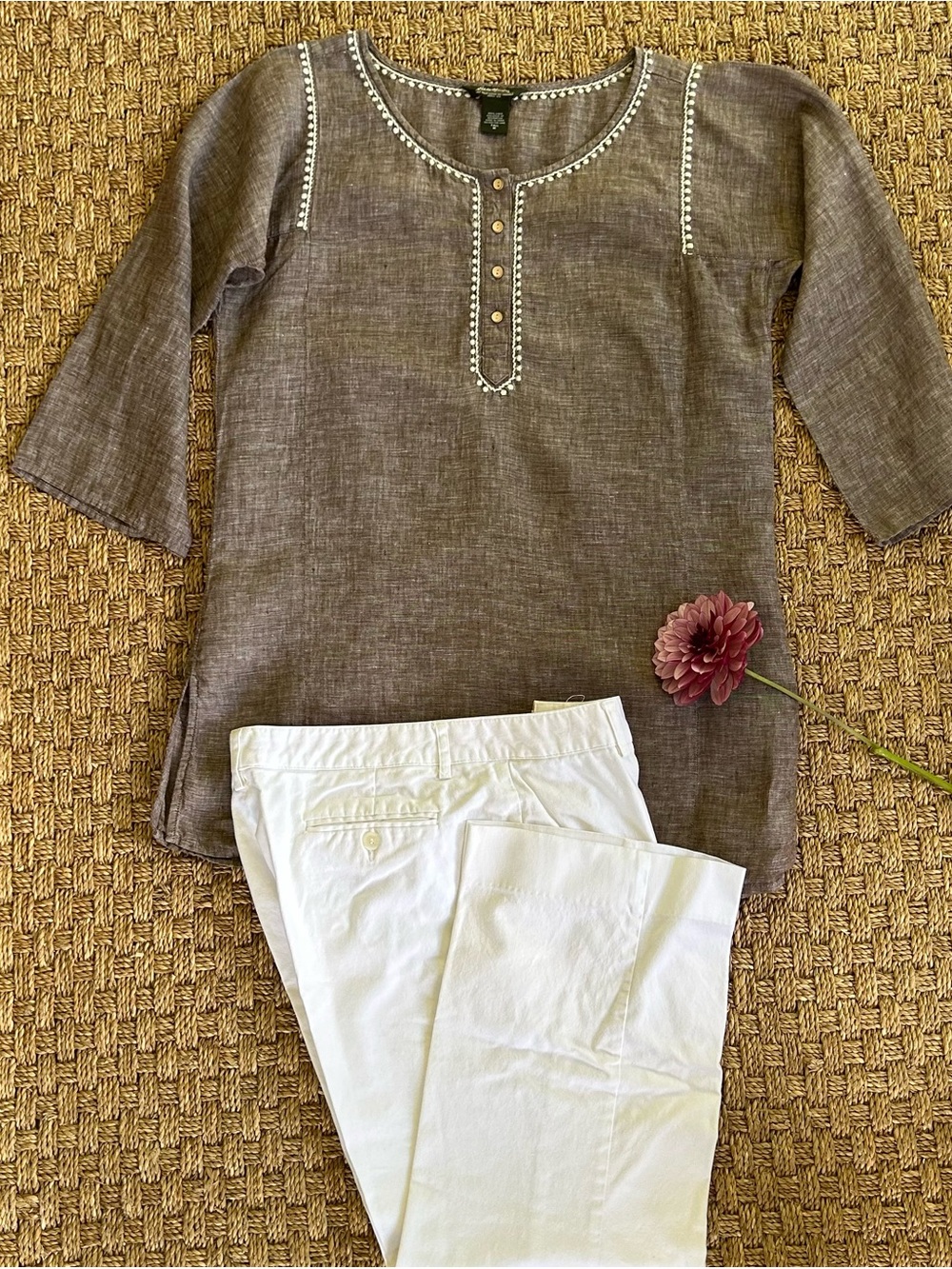 Women's Tall Medium Boho Embroidered Coffee Brown Scoop Neck Linen Tunic